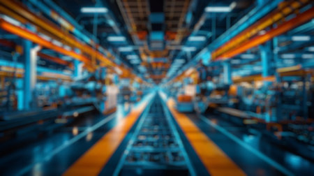 Blur background of industrial robotic arms on automated assembly line or production line in a high-tech factory. Futuristic manufacturing and automation technology concept. Design for poster.の写真素材