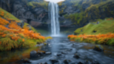 Blur background of mystical waterfall with sunlight piercing through lush greenery. Nature and green...