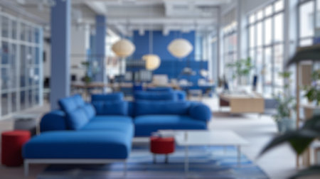 Blur background of contemporary office lounge with blue furniture and glass walls. Modern corporate interior design concept. Design for wallpaper, banner.の写真素材