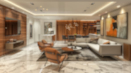 Blur background of elegant and sophisticated showroom living room with modern furniture. Interior design photography. Luxury home concept. Design for furniture catalog, real estate marketing. Spate.の写真素材
