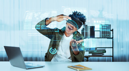 Businessman looking at financial statistic while wearing VR glasses. Manager checking and analyzing...