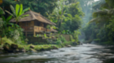 Blur background of riverside bamboo house in lush tropical setting. Digital art of bamboo house with river. Nature photography. Eco-living and remote getaway concept. Design for wallpaper. Spate.の写真素材