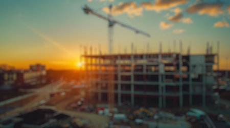 Blur background of worker overseeing a plant at dusk. Picture of crane working in construction site. Industrial management and engineering concept. Design for industry-related.の写真素材