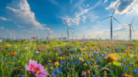 Blur background of solar panel and wind turbines on a green field with yellow flowers. Renewable energy and sustainable technology concept. Design for poster, wallpaper, banner. Clean energy.の写真素材