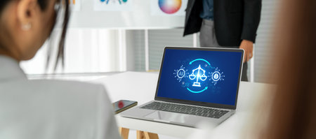 AI ethics responsibility standard law and rules on computer screen provide report of AI ethic...
