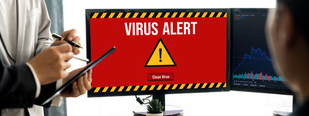 Virus warning alert on computer screen detected brisk cyber threat , hacker, computer virus and malwareの写真素材