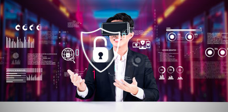 Businessman with goggles working while using security protection. Manager with formal suit checking...