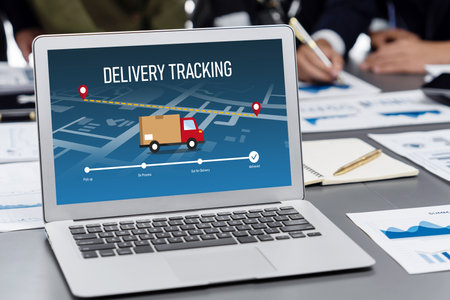 Delivery tracking system for e-commerce and brisk online business to timely goods transportation and deliveryの写真素材