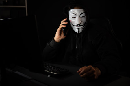 White smiling anonymous mask calling, convincing to hack personal information, making share screen...