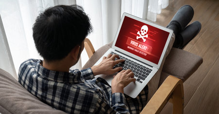 Virus warning alert on computer screen detected modish cyber threat , hacker, computer virus and malwareのeditorial素材