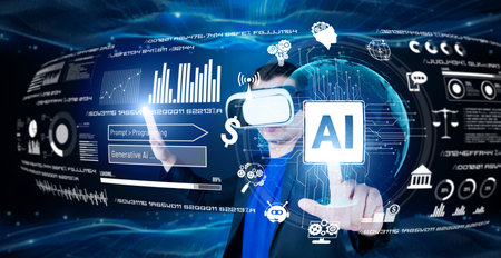 Smart businessman wearing suit and VR goggle while using AI assistance planning plan. Project...
