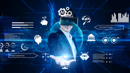 Smart businessman wearing suit and VR goggle while using AI assistance planning plan. Project...
