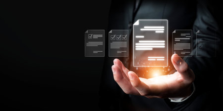 Business person managing online documents for efficient work processes. Ensure secure and quick...