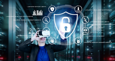 Business man pointing at security system hologram and standing at data center. Skilled project...