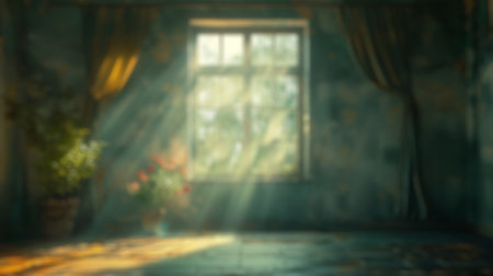 Blur background of elegant room with large windows with sun shining and flowers blooming. Home interior and nature concept. Design for poster, wallpaper, banner, greeting card.の写真素材
