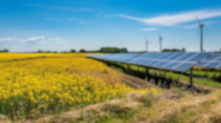 Blur background of electric solar panel in flower field with wind mill and blue sky. Landscape...
