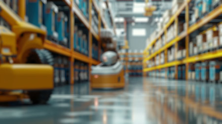 Blur background of robotic machine inspecting product in storage. Warehouse interior with shelves, bins, and a forklift. Industrial storage and logistics facility. Design for poster.の写真素材