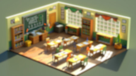 Blur background of isometric view of a classroom with desks, chairs, blackboard, bookshelves, and...