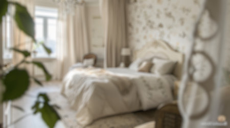 Blur background of elegant bedroom with bed, and natural light. Interior design modern bedroom with furniture. Luxurious home interior design. Design for poster, wallpaper, banner, header. Spate.の写真素材