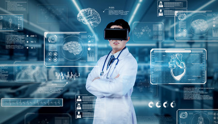 Doctor wearing VR glasses and lab coat and looking at medical data or human organ hologram while standing at lab with folded arms. Doctor use augmented reality technology diagnosis symptom. Ingenuity.の写真素材