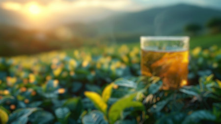 Blur background of glass of tea on a wooden surface with a backdrop of tea fields at sunset and skyscape. Landscape photography. Relaxation and nature concept. Design for poster.の写真素材