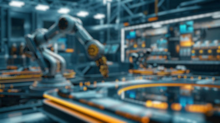 Blur background of machine arm working by using technology. Robotic machines planning and designing product by using software program at modern factory. Logistic operation concept.の写真素材