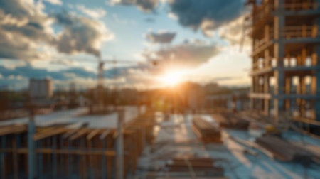 Blur background of new residential house under construction in a suburban area. Real estate development and home building concept. Design for real estate posters, banners. Construction site. Spate.の写真素材