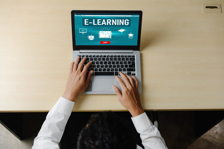 E-learning website with modish sofware for student to study online on the internet networkの写真素材