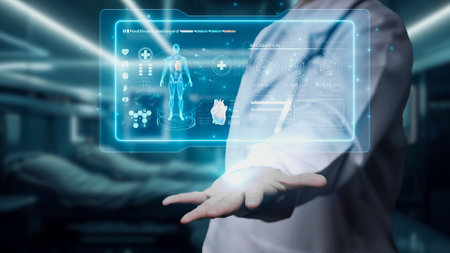 Close up of doctor holding HUD dashboard whole body hologram and diagnosis symptom from x ray human...