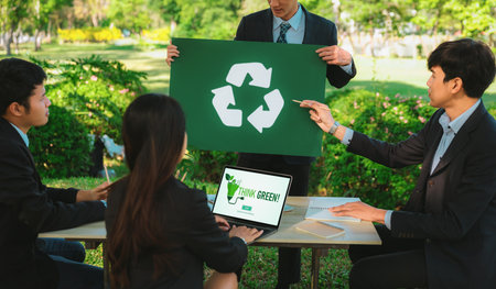 Group of businesspeople meeting at outdoor office in the nature planning and brainstorming on recycle strategy for greener environment by reducing and reusing recyclable waste.の写真素材