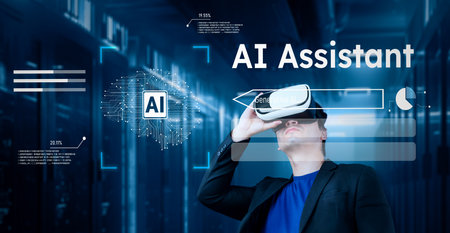 Businessman with headset standing at data center while using AI assistance. Project manager looking hologram and using augmented reality goggles and AI chat for planning marketing strategy. Ingenuity.の写真素材