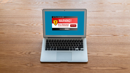 Virus warning alert on computer screen detected modish cyber threat , hacker, computer virus and malwareのeditorial素材
