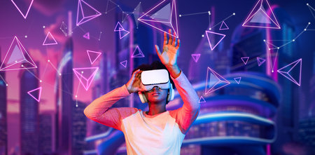 African girl wearing VR glasses and casual cloth while standing at futuristic city. Gamer playing...