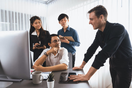 Group of diverse office worker employee working together on strategic business marketing planning in corporate office room. Positive teamwork in business workplace concept. Prudentの写真素材