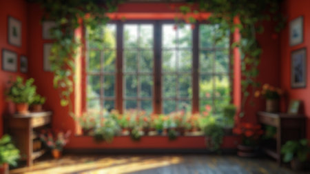 Blur background of elegant room with large windows with sun shining and flowers blooming. Luxurious...