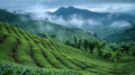 Blur background of fog enveloped tea plantation hills at dawn. Tea field landscape with mountain...