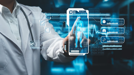 Close up of doctor pointing at human anatomy hologram while standing at laboratory with blurring background. Medical worker checking HUD dashboard whole body and diagnosis brain disorder. Remedial.の写真素材