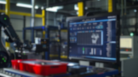 Blur background of machine arm working by using technology. Robotic machines planning and designing product by using software program at modern factory. Logistic operation concept.の写真素材