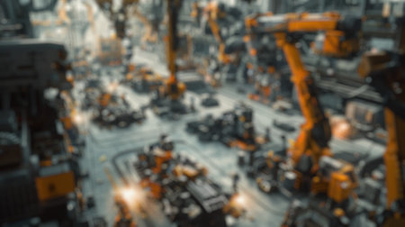 Blur background of robot machine working together at production line. Factory machine or robotic...