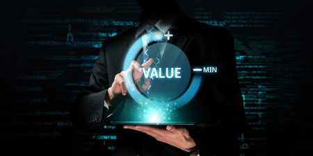 Business person leverages ERP systems, maximizing value and operational efficiency. Focused on maximizing resources and processes for optimal performance.の写真素材