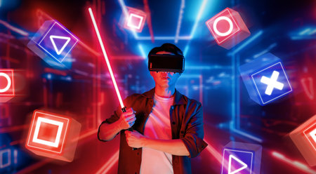 Gamer holding glowing laser sword and wearing augmented reality glasses while playing music game...