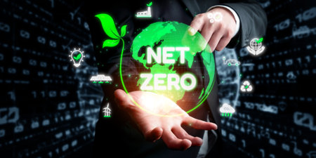Digital globe with Net Zero surrounded by sustainability icons, representing the goal of reducing carbon emissions and achieving environmental balance EIDEの写真素材