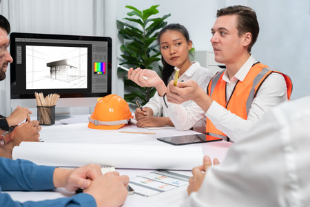 Diverse group of civil engineer and client working together on architectural project, reviewing construction plan and building blueprint at meeting table. Prudentの写真素材
