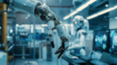 Blur background of machine arm working by using technology. Robotic machines planning and designing...