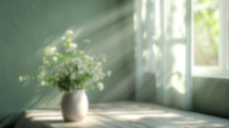 Blur background of vase of flowers on a table near a window. Sun ray shining though window decorated vase with blooming flower. Simple and elegant home decor. Design for wallpaper, banner.の写真素材