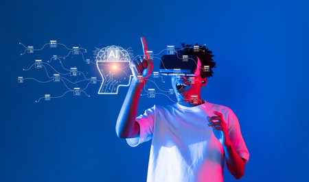 A young person explores virtual reality, highlighting artificial intelligence concepts in cloud data...