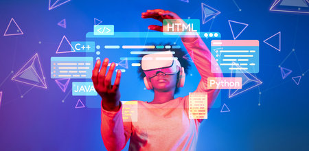 A software developer immersed in a virtual reality world, interacting with digital coding elements...