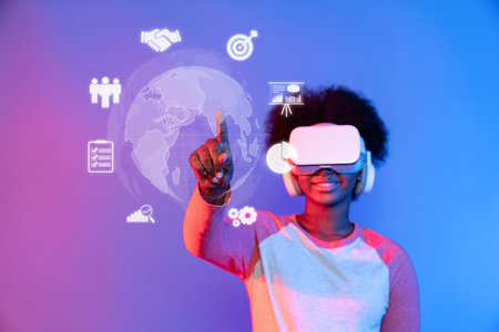 A young person interacts with virtual reality technology, exploring innovative business solutions...