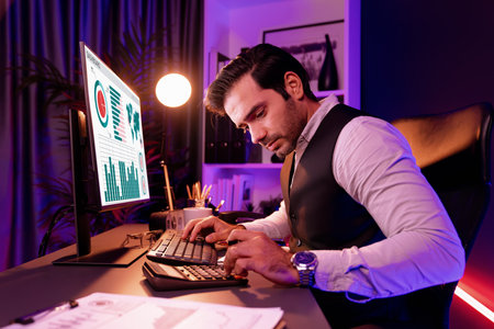 Smart businessman analyzing paperwork report folder, calculation of profit or loss for sales quarter...