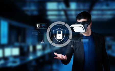 Discover the intersection of virtual reality and cyber security, showcasing a user interacting with advanced technology to protect data and ensure online safety.の写真素材